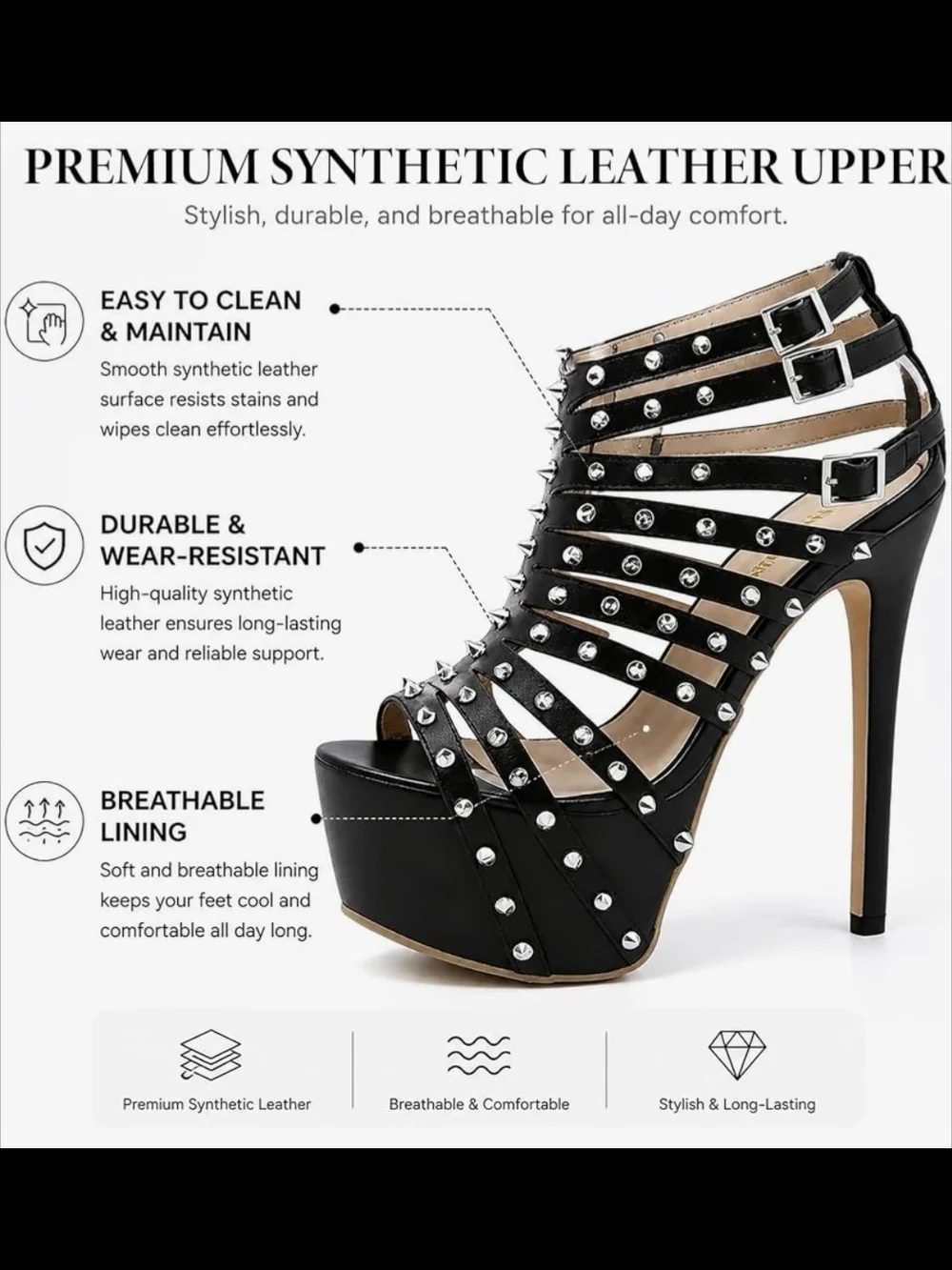 Black Studded Strappy Platform Stiletto High Heels Size 7 New